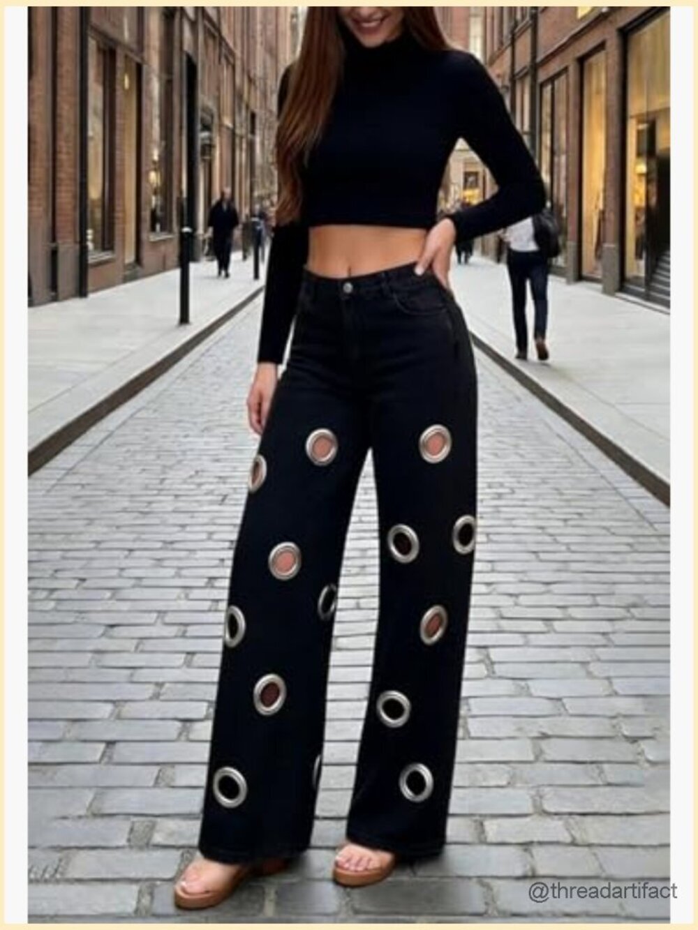 High Waisted Wide Leg Cut Out Jeans with Metal Ring Detail Baggy Denim Pants - Picture 2 of 7